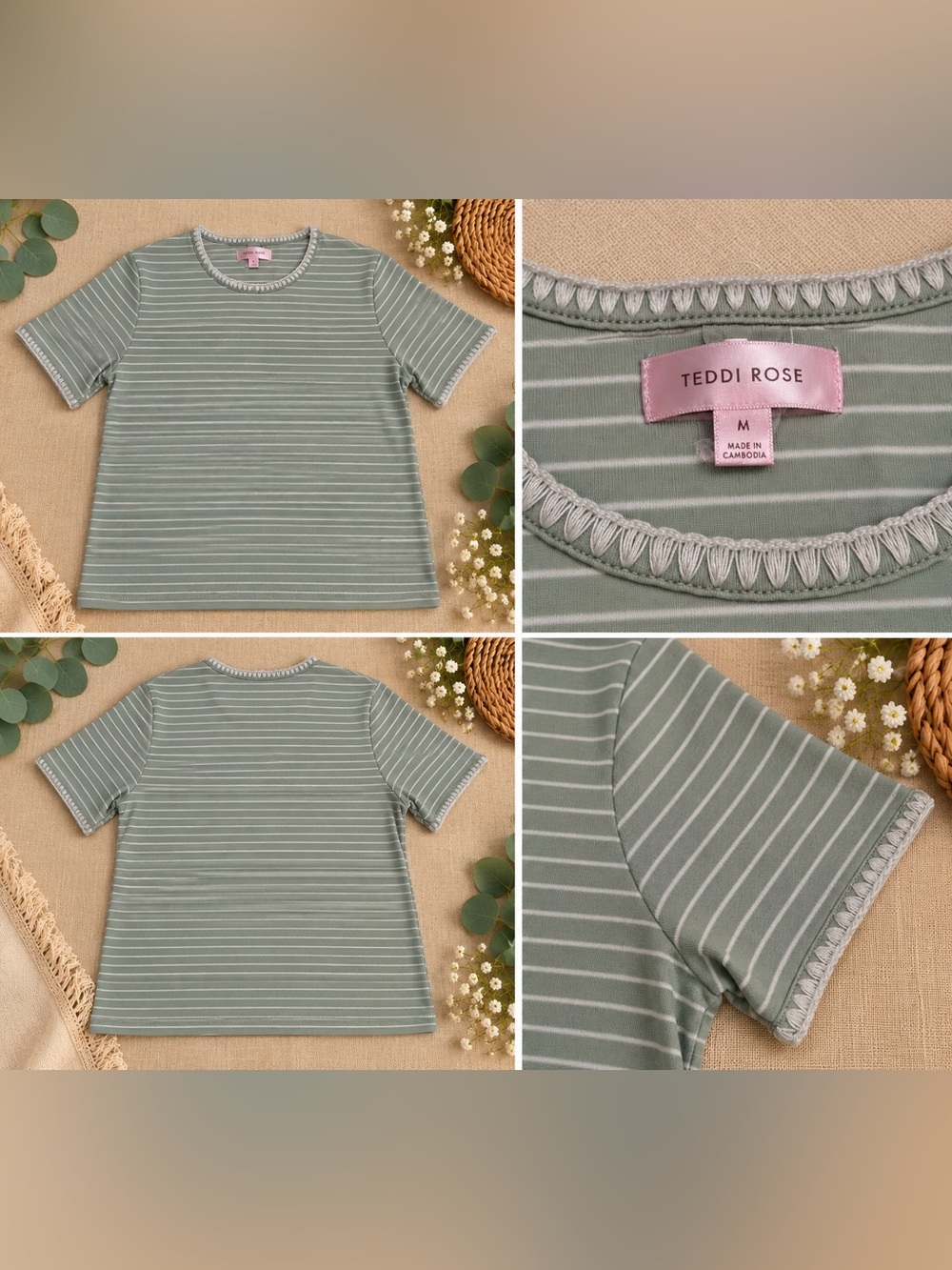 Teddi Rose Striped Short Sleeve Tee in Green & White Size Medium